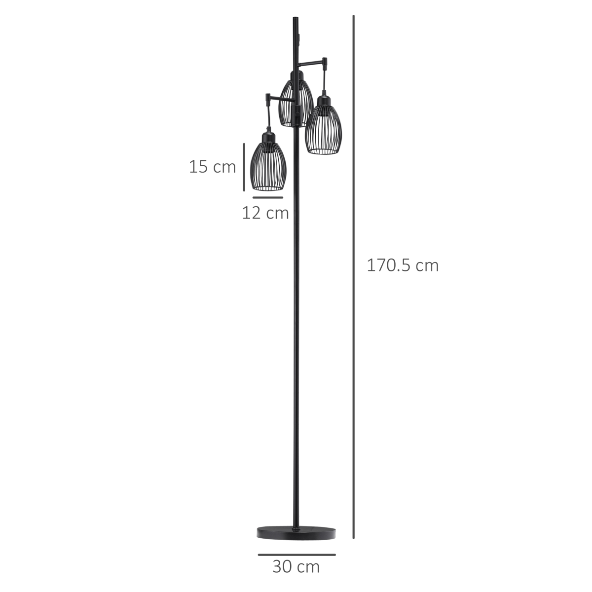 HOMCOM 170cm Industrial 3-Light Dimmable Floor Lamp – Steel Frame, Black