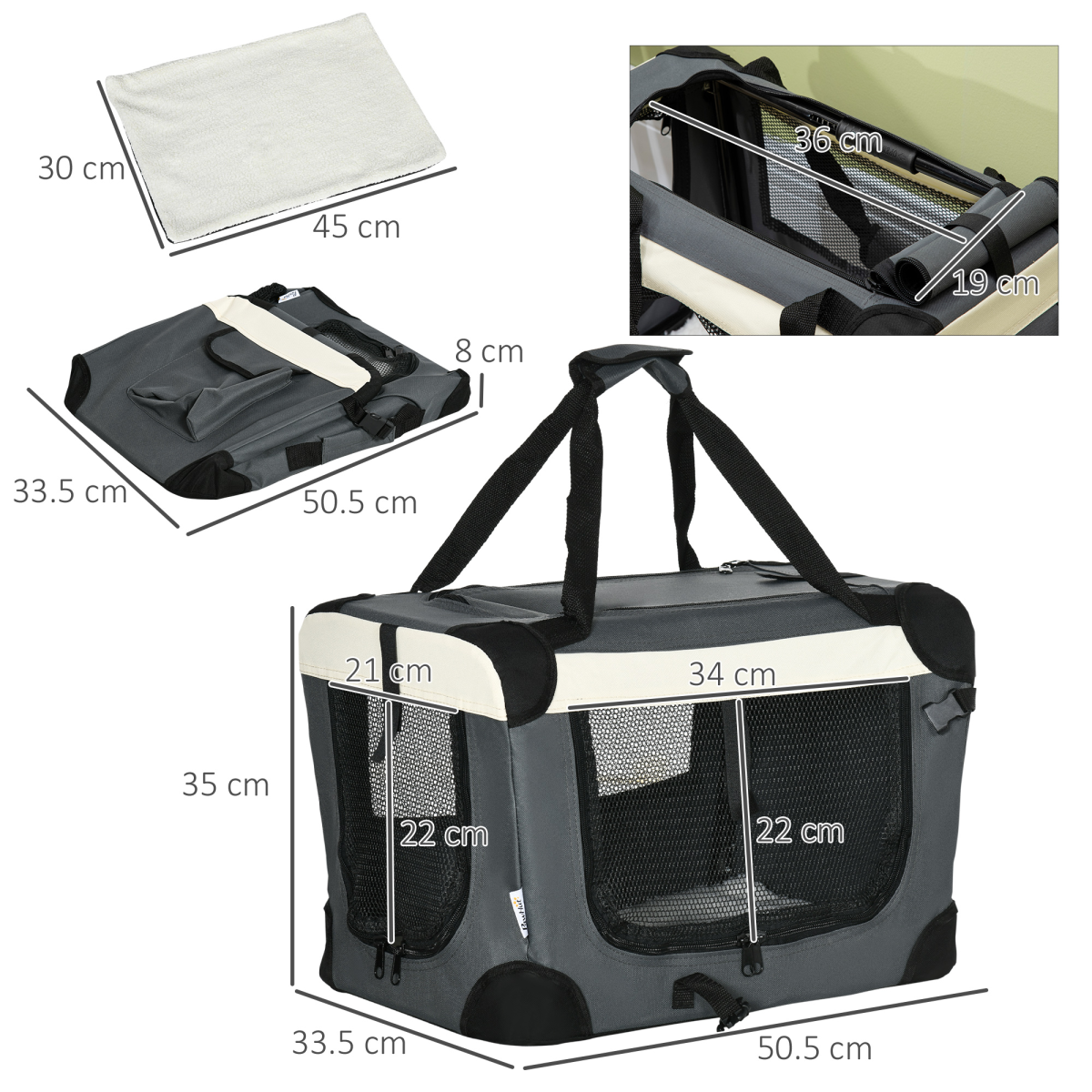 Pawhut 51cm Foldable Pet Carrier with Cushion, 3 Doors & Mesh Windows – For Mini Dogs and Cats, Grey