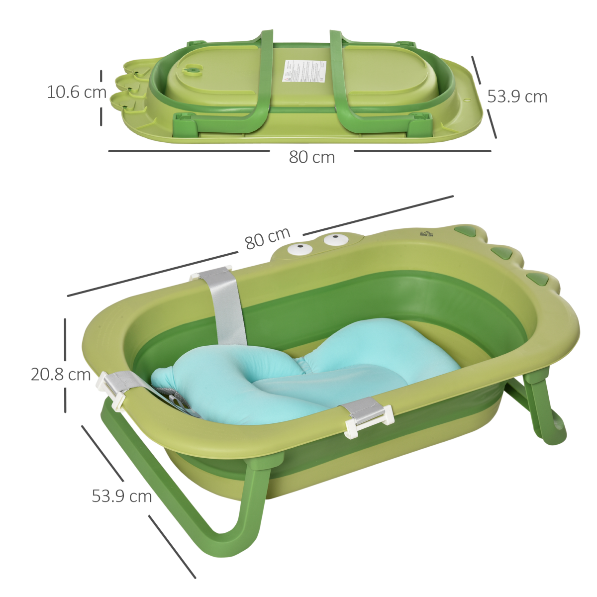 HOMCOM Foldable Baby Bath Tub with Cushion – Crocodile Design Toddler Bath for 0-3 Years, Green