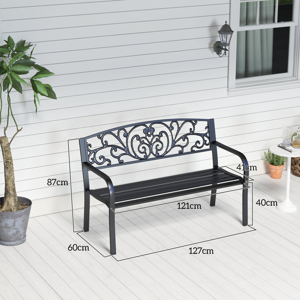 Outsunny 2-Seater Powder Coated Steel Garden Bench with Floral Backrest – Patio Seating, Black