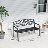 Outsunny 2-Seater Powder Coated Steel Garden Bench with Floral Backrest – Patio Seating, Black