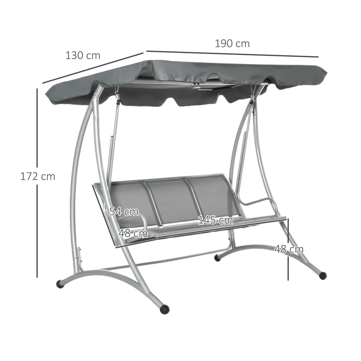 Outsunny 3 Person Steel Garden Swing Chair with Adjustable Canopy & Breathable Mesh Seat – Dark Grey