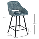 HOMCOM Set of 2 Velvet-Touch Bar Stools with High Backs, Armrests & Footrest – Counter Height Bar Chairs, Blue