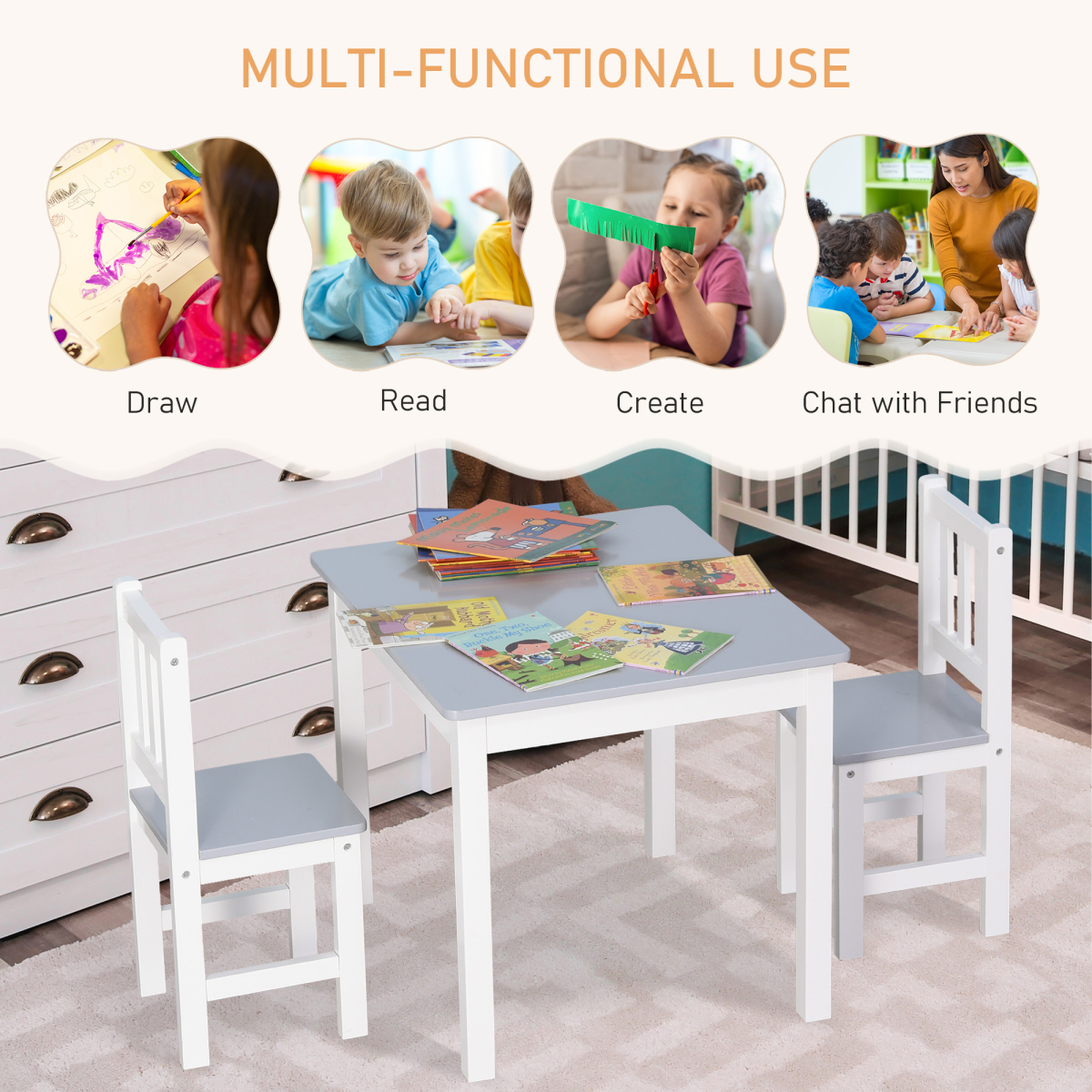 Kids Table and Chair Set, 3-Piece Wooden Table with 2 Chairs – Playroom Furniture for Ages 3+, Grey and White