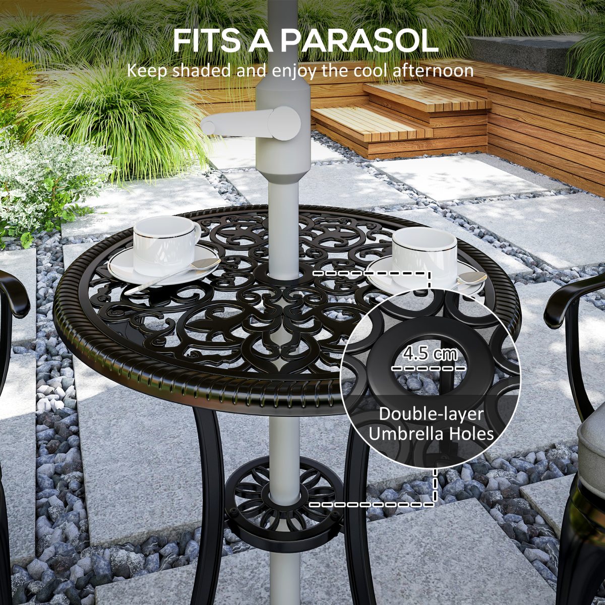Outsunny 3-Piece Cast Aluminium Bistro Set with Parasol Hole Table & Cushioned Chairs – Garden Patio Furniture, Black