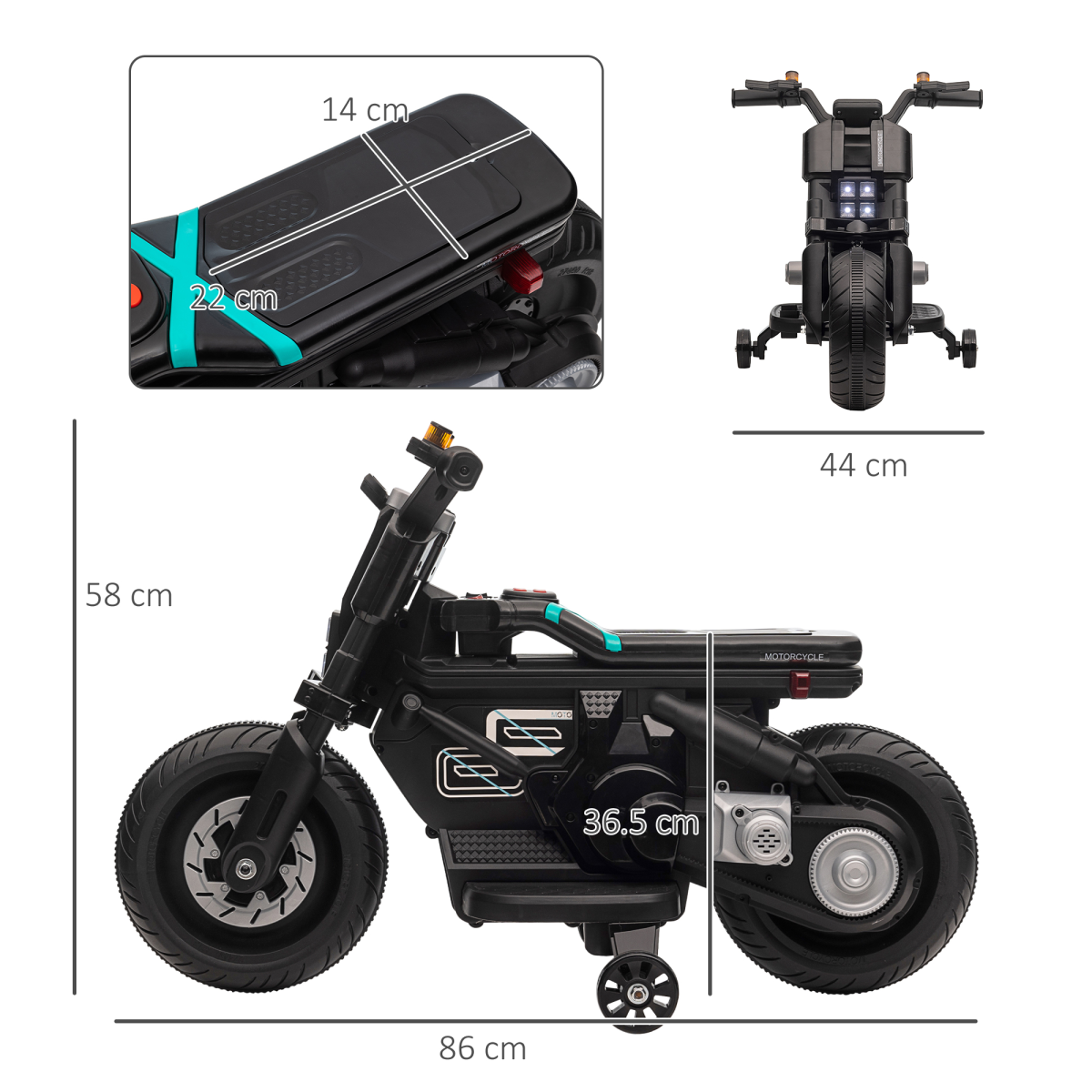 6V Kids Electric Motorbike with Training Wheels – Ride-On Toy with Horn, Siren, Music & Headlights for 3-5 Years, Black