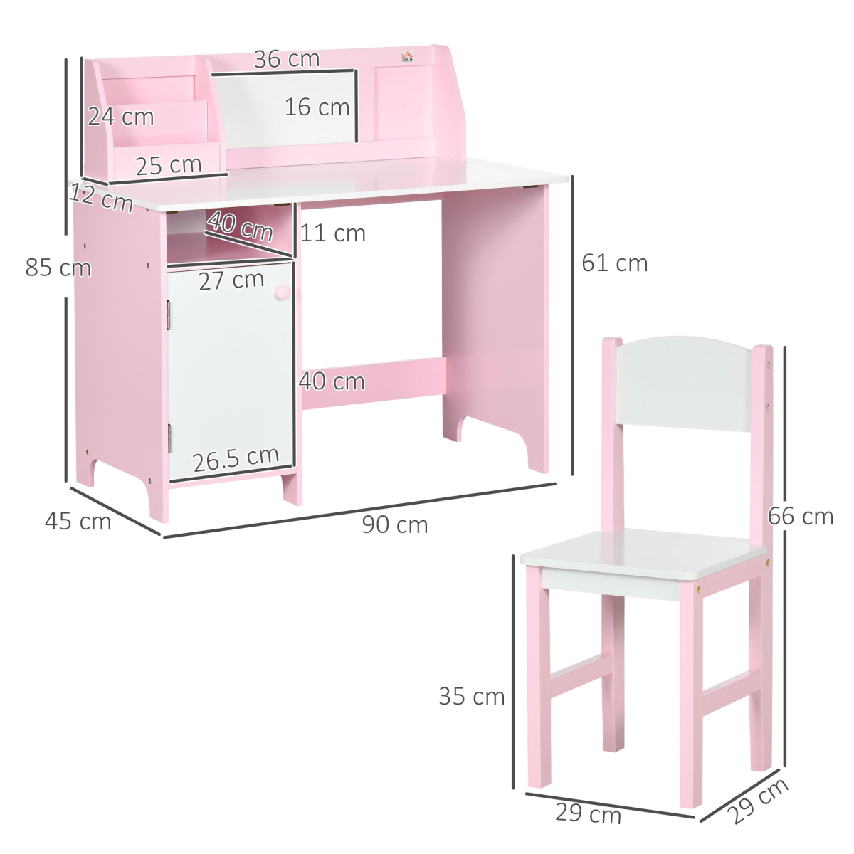 HOMCOM 2-Piece Kids Table and Chair Set with Whiteboard Desktop and Storage – Pink