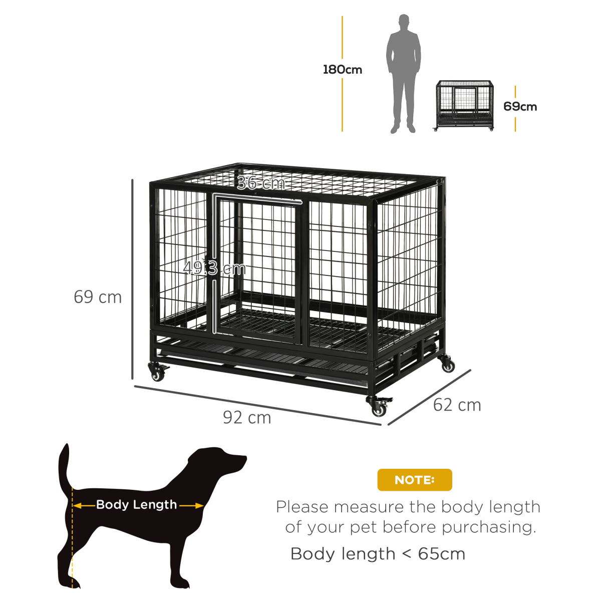 Pawhut Heavy Duty Metal Dog Cage with Wheels, Crate Tray and Two Doors – Rust-Resistant Kennel, Black