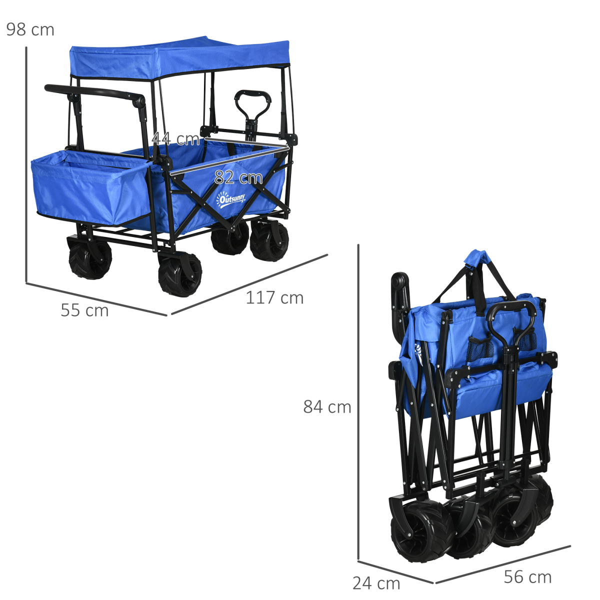 Outsunny Folding Trolley Cart with 4 Wheels, 2 Compartments, Canopy & Telescopic Handle – Garden Storage Wagon, Blue