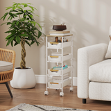 Slim 5-Tier Storage Trolley with 4 Drawers and Wheels – Rolling Organiser Cart, White and Oak