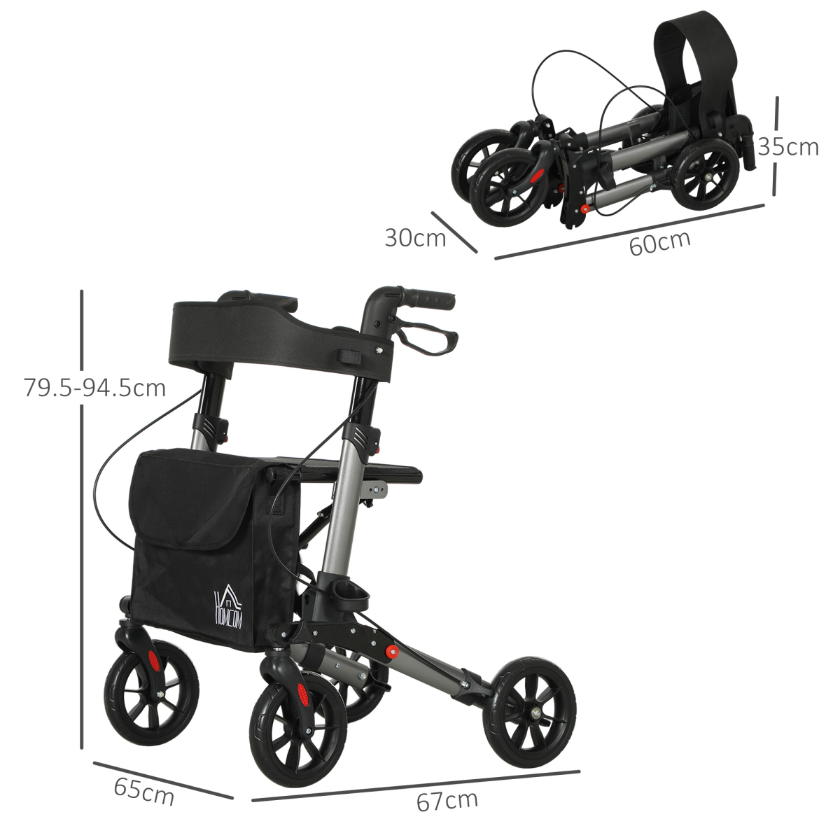 HOMCOM 4-Wheel Rollator Walker with Seat, Backrest & Storage Bag – Foldable Aluminium Mobility Aid, Silver