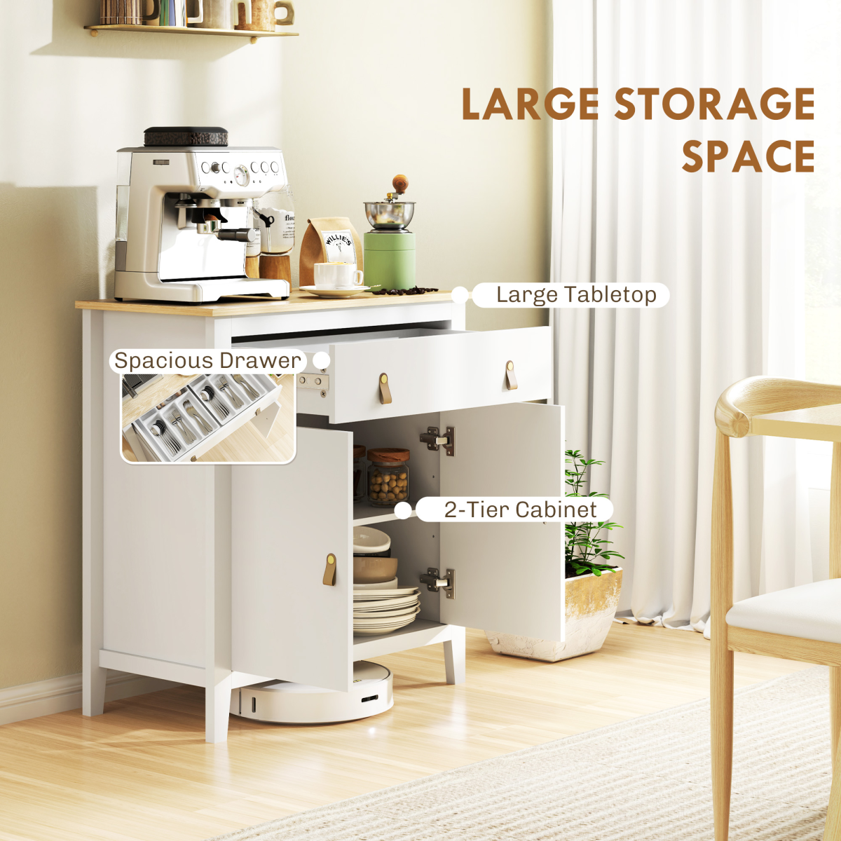 HOMCOM Sideboard with Drawer, Two-Tier Cupboard & Adjustable Shelf – Living Room Storage, White