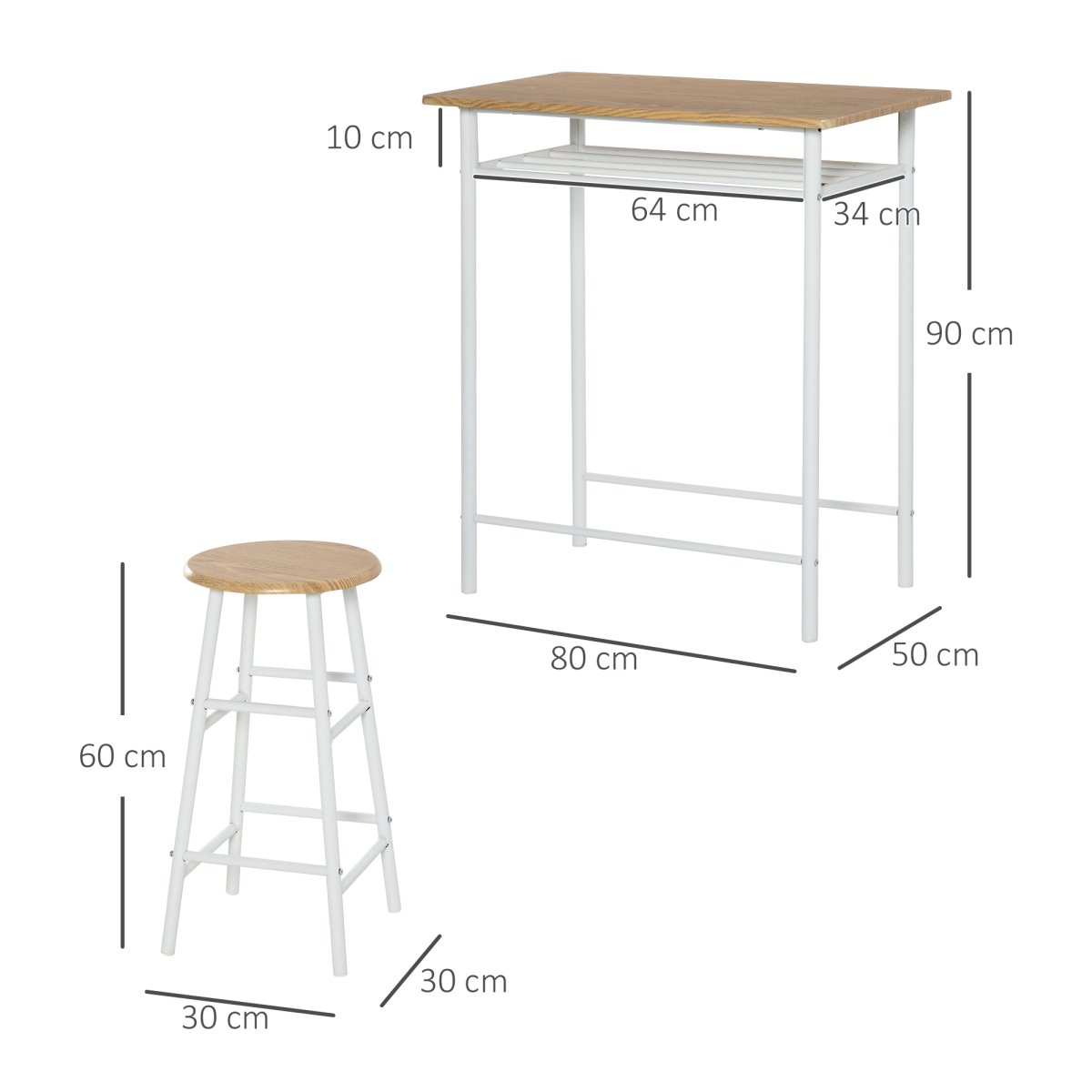 HOMCOM 3-Piece Bar Height Dining Set with Table and Two Stools – Compact Breakfast Nook Furniture, White & Oak