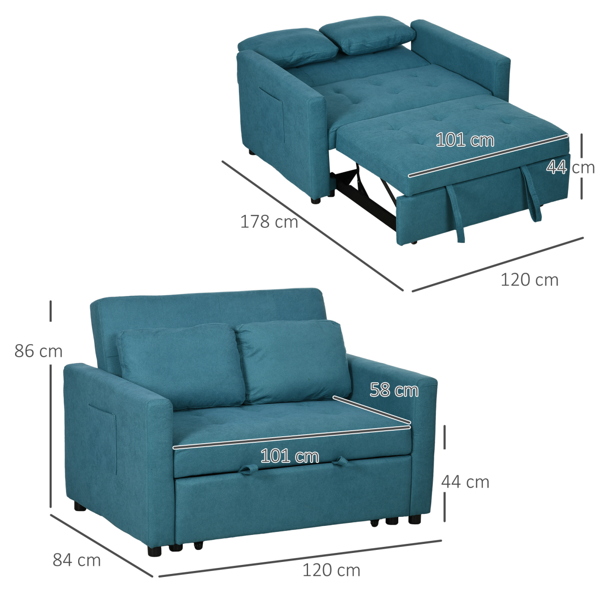 HOMCOM Click-Clack 2 Seater Sofa Bed with Cushions & Side Pockets – Convertible Settee for Flats & Guest Rooms