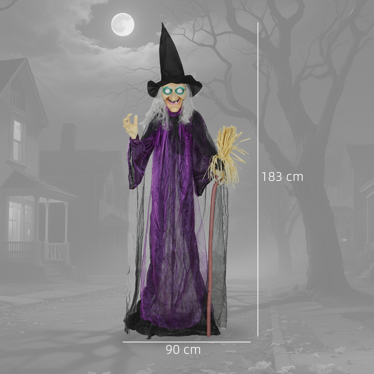 Outsunny Voice Activated Halloween Animatronic Standing Witch – 183 cm Life-Size Decoration, Purple