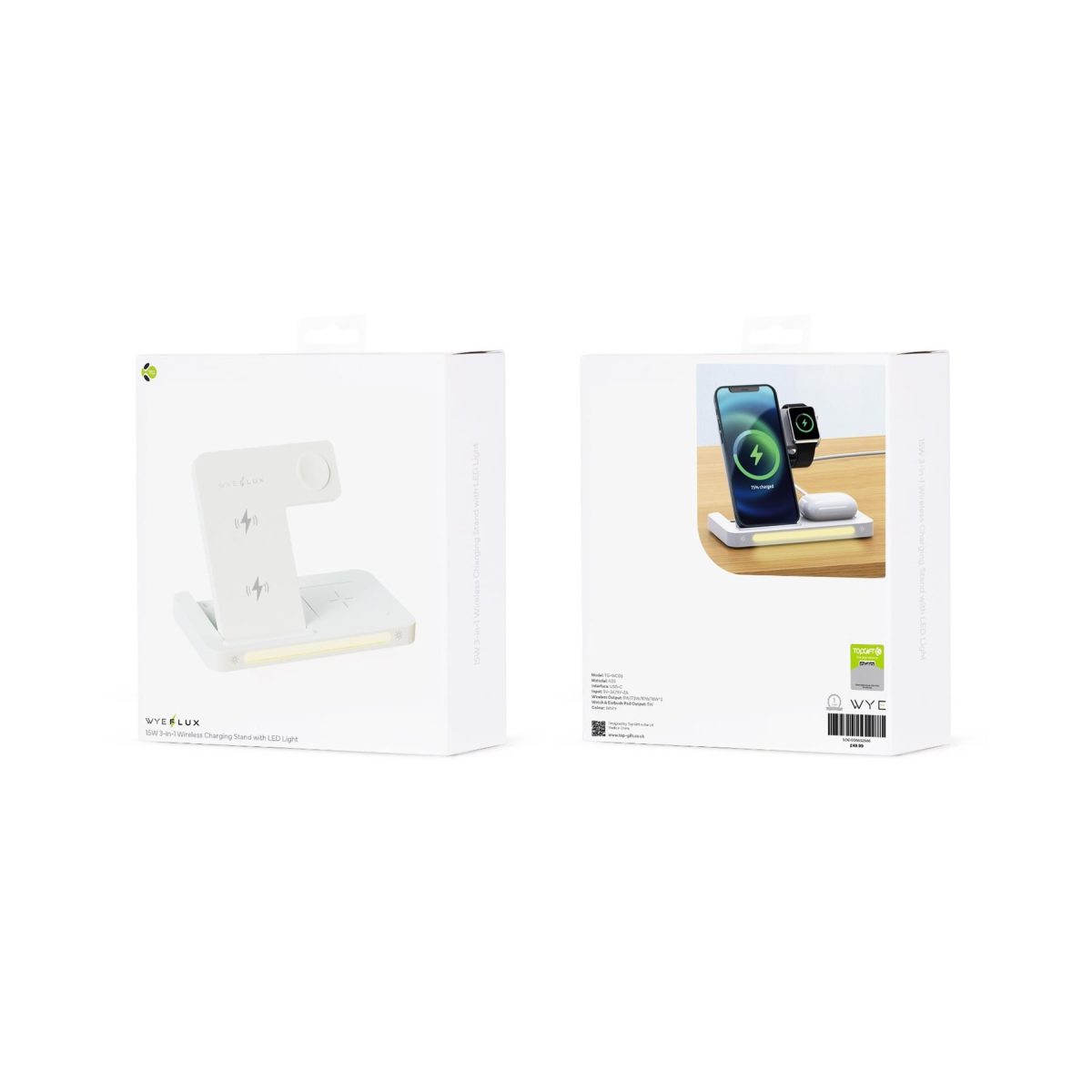 WYEFLUX 15W 3-in-1 Wireless Charging Stand with LED Light – Fast Charger for Phone, Watch and Earbuds, White