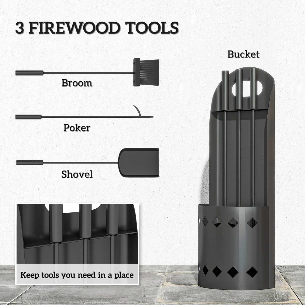 Outsunny 4 Piece Fireplace Companion Set with Broom, Shovel, Poker & Bucket – Powder-Coated Metal, Black