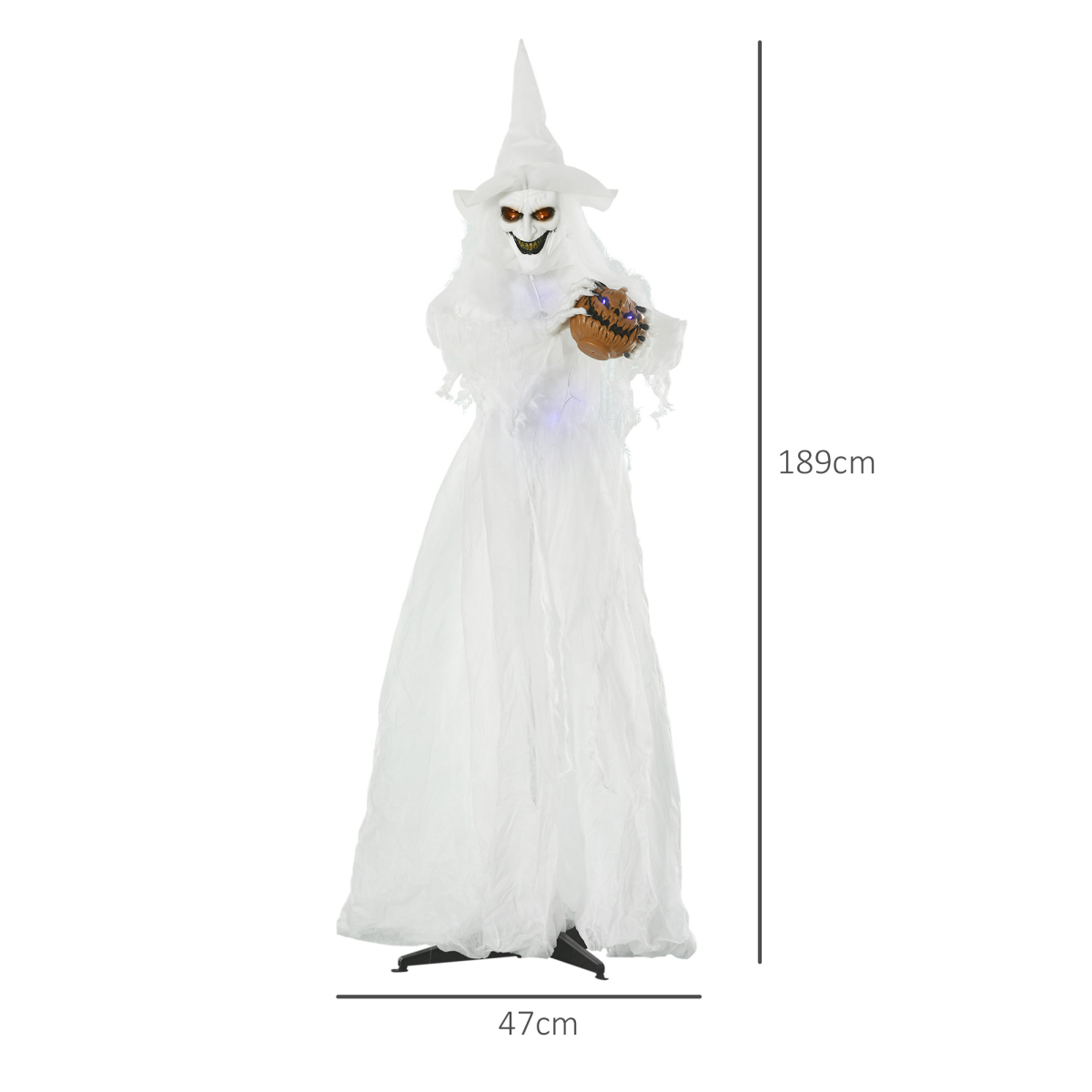 HOMCOM 72 Inch Halloween White Witch Holding Pumpkin – Button-Activated Light-Up Skeleton Ghost Decoration