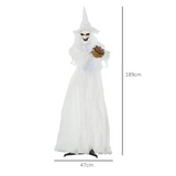 HOMCOM 72 Inch Halloween White Witch Holding Pumpkin – Button-Activated Light-Up Skeleton Ghost Decoration