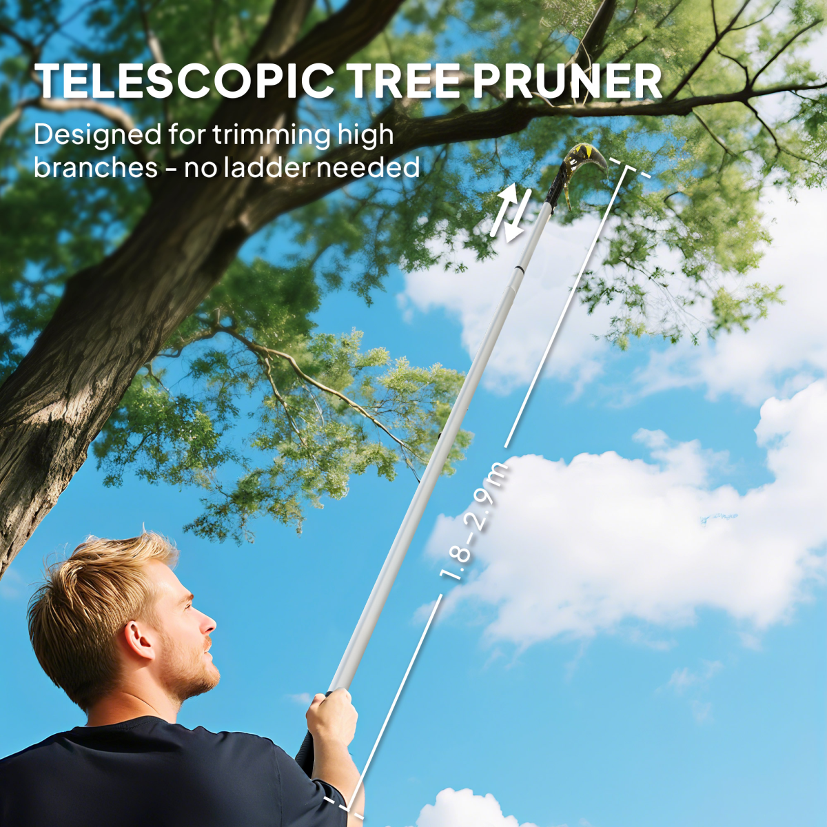 Outsunny 1.8–2.9m Telescopic Tree Pruner with Saw – Long Reach Tree Lopper with Aluminium Pole, Silver & Black