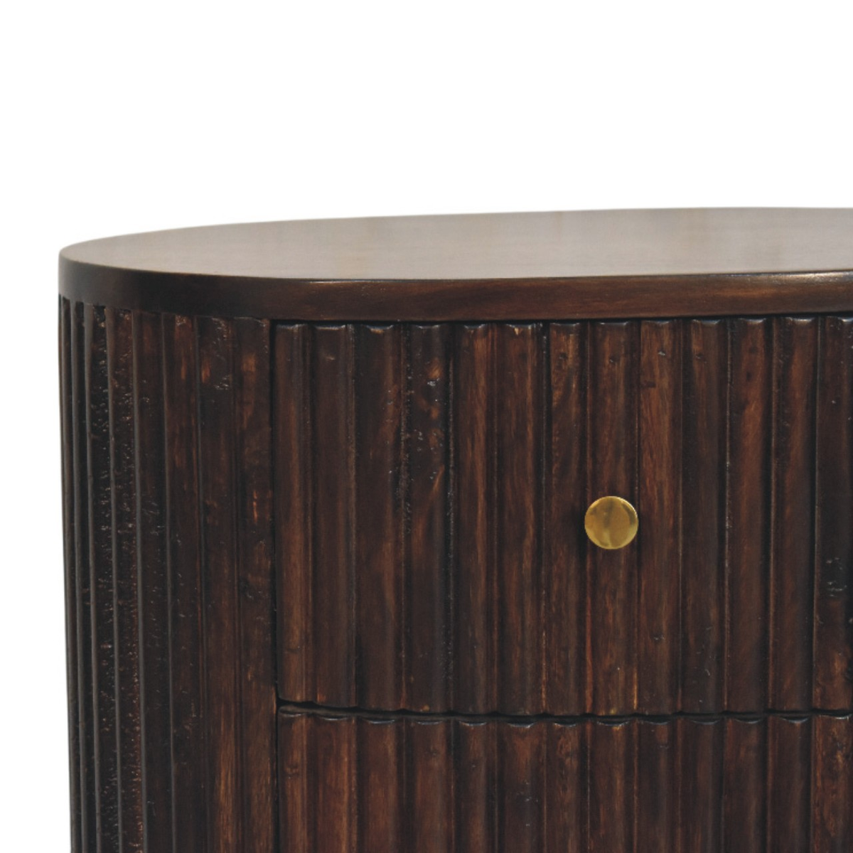 Artisan Furniture Solid Mango Wood Curved Fluted Bedside Table with 3 Drawers and Brass Knobs – Dark Brown
