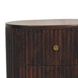 Artisan Furniture Solid Mango Wood Curved Fluted Bedside Table with 3 Drawers and Brass Knobs – Dark Brown