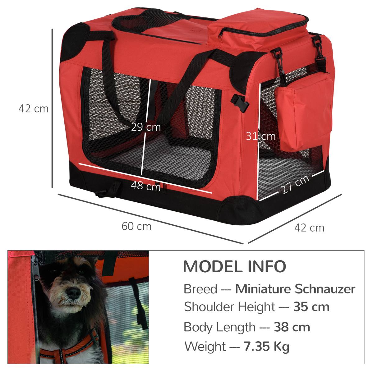 Pawhut Folding Soft Pet Carrier, 60 x 42 x 42cm – Portable Travel Bag with Fleece Bed for Small Dogs and Cats, Red