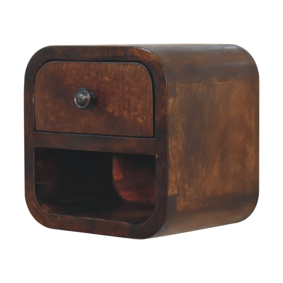 Artisan Furniture Extra Mini Curved Bedside Table with Drawer & Open Slot – Solid Mango Wood, Chestnut, Brown