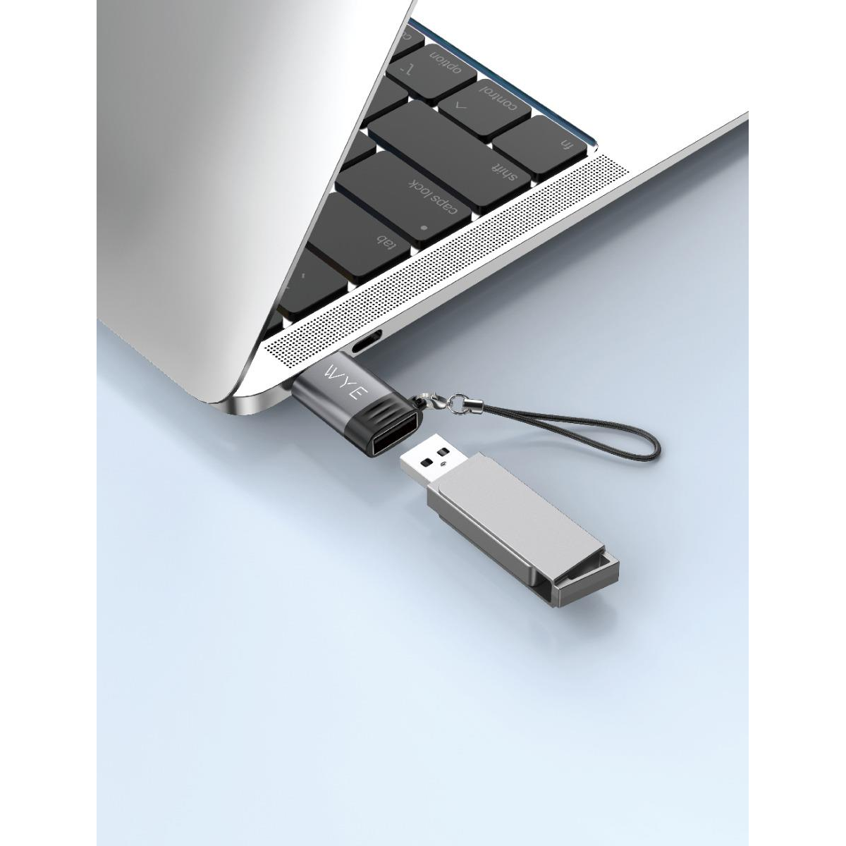 WYEFLOW USB-A to USB-C OTG Adaptor with Anti-Loss Lanyard – Data Transfer, Plug and Play, Silver
