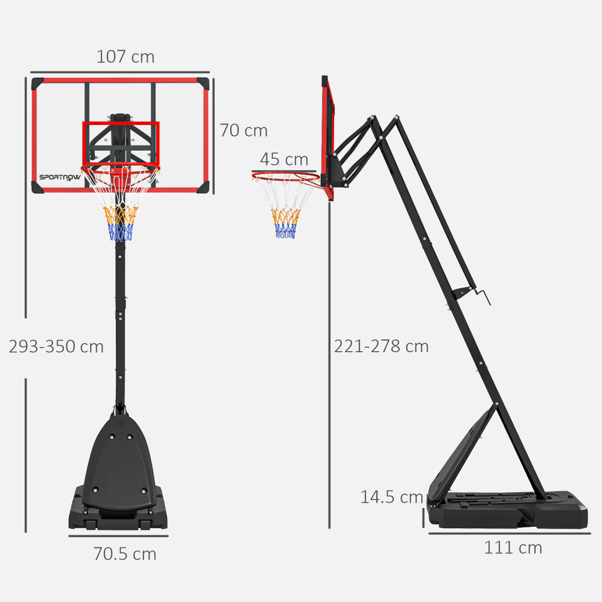 SPORTNOW Adjustable Basketball Hoop and Stand with Weighted Base & Wheels, 2.4-2.9m – Portable Outdoor Hoop, Red