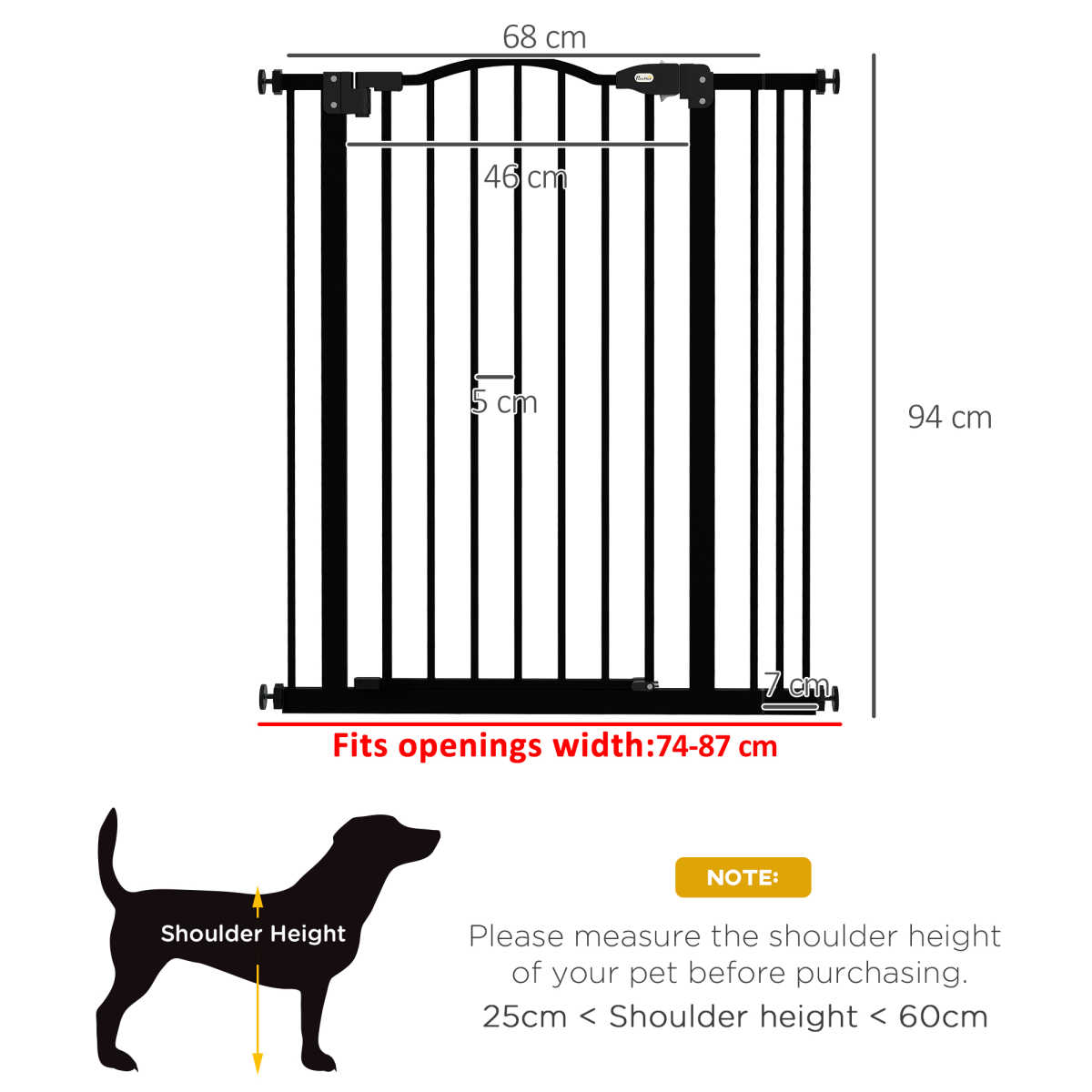PawHut Adjustable Metal Pet Gate, 74–87cm, with Auto-Close Door & Double Lock – Dog Safety Barrier, Black