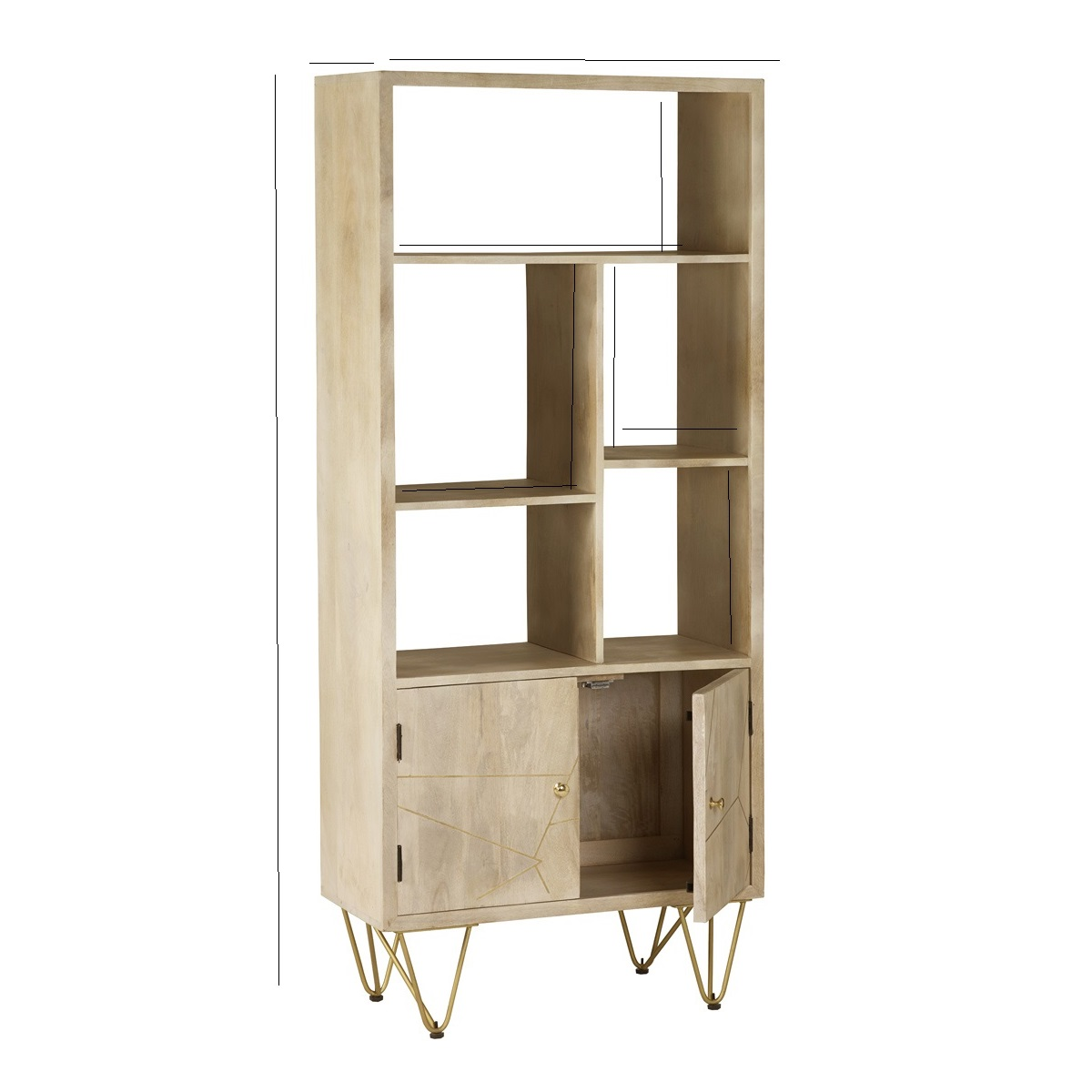 Large 2 Door Bookcase with Light Gold Metal Inlay – Solid Wood Storage & Display Cabinet