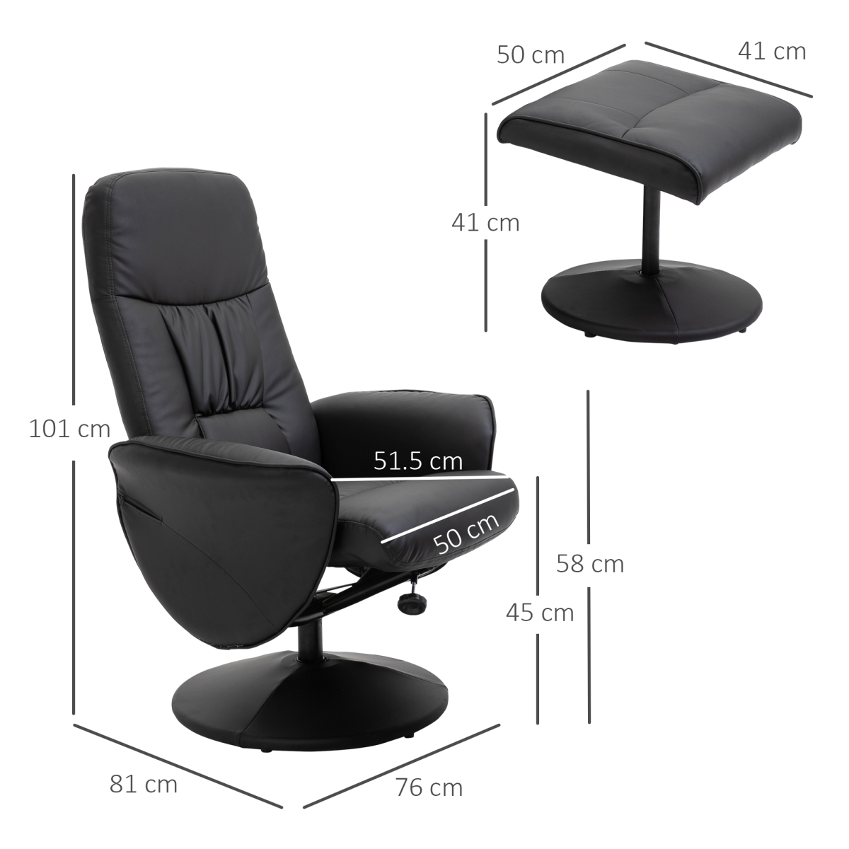 Reclining 360° Swivel Armchair & Ottoman Set in Black PU Leather – Relaxation Chair with Footstool