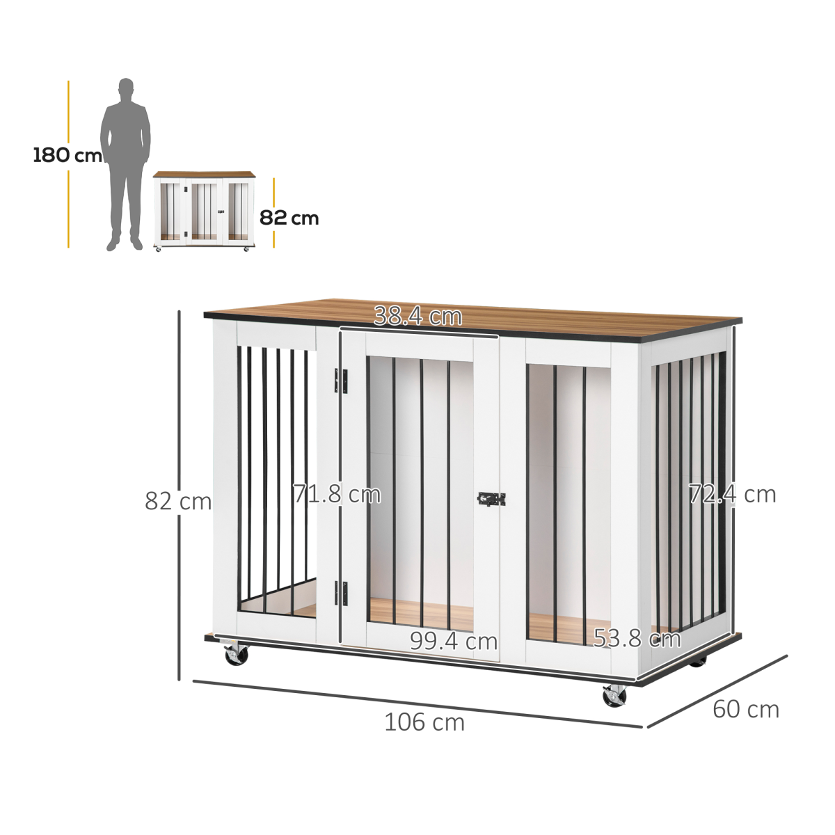 PawHut Dog Crate Furniture End Table with Lockable Door and Roller Castors – For Large Dogs, White