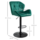 HOMCOM Set of 2 Velvet-Touch Bar Stools with Wing-Shaped Seats & Metal Footrest – Breakfast Bar Seating, Green