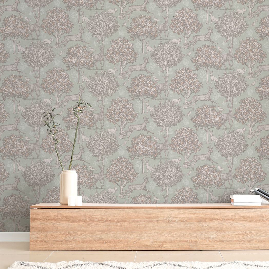 Arthouse Woodland Scene Wallpaper with Deer, Birds and Rabbits – Country Style Feature Wall, Sage Green