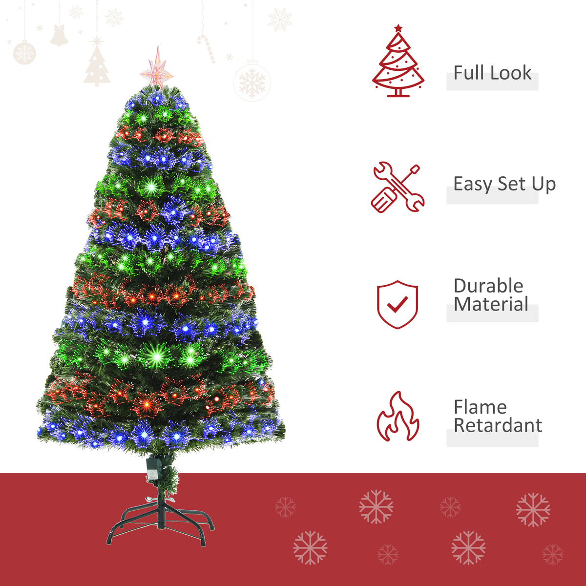 HOMCOM 5ft Pre-Lit Artificial Christmas Tree with Multi-Coloured Fibre Optic and LED Lights – Green
