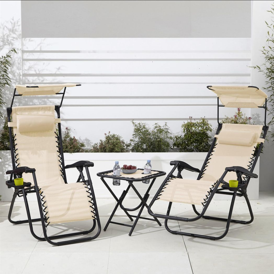 Neo Zero Gravity Chairs and Side Table Set – Folding, Reclining, Beige