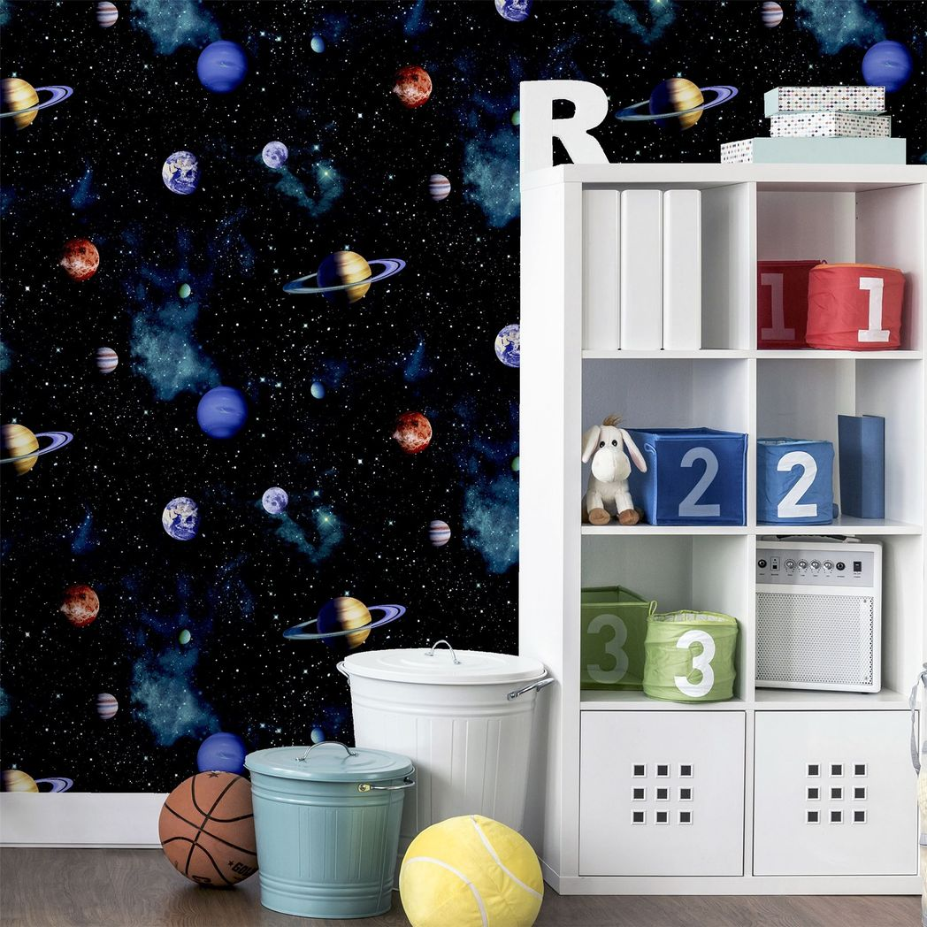 Arthouse Cosmos Space Wallpaper with Planets & Stars – 3D Photographic Effect Kids Room Covering, Charcoal