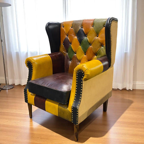 Vintage patchwork leather wingback armchair
