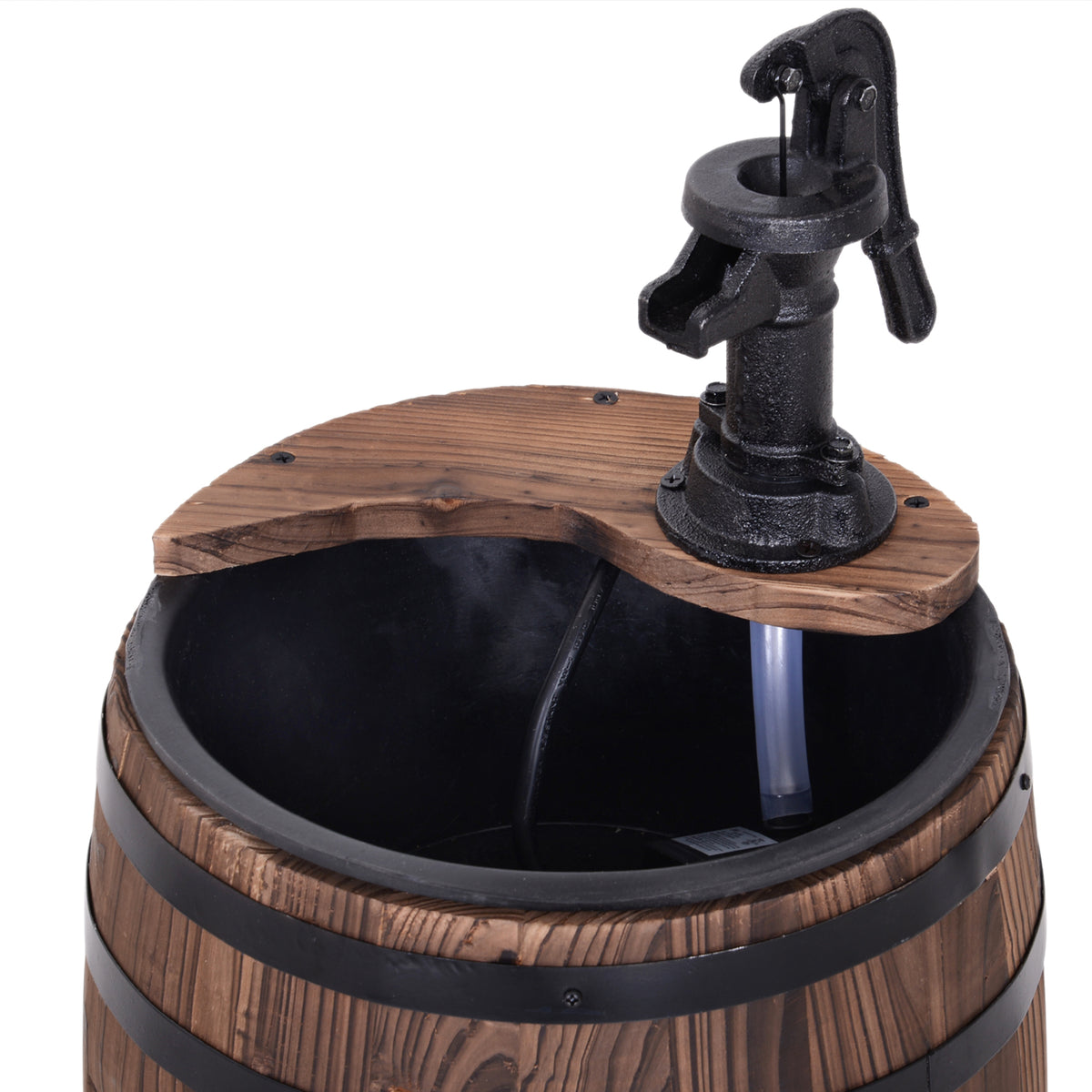 Outsunny Retro Water Pump Barrel Fountain, Solid Fir Wood – Garden Water Feature & Flower Planter Stand