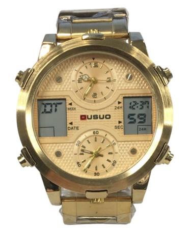 Ousuo NY London Men's Analogue-Digital Watch – Big Date, Gold Dial, Gold-Plated Bracelet