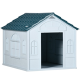 Plastic Dog Kennel House for Medium Dogs with Water-Resistant Surface & Cottage Windows – Blue and White