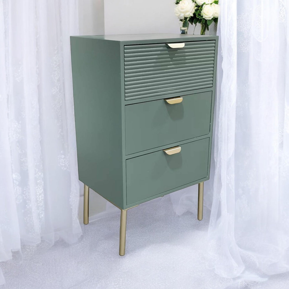 AcaciaHome Wooden 3 Drawer Chest with Solid Pine Top & Metal Handles – Compact Bedroom Storage, Green