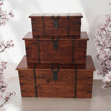 Rustic Solid Acacia Wooden Storage Chests, Set of 3 – Vintage Handles, Blanket Box or Coffee Table, Deep Brown
