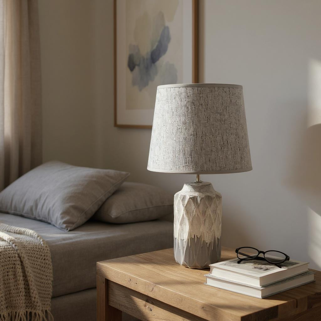 AcaciaHome Grey Two-Tone Ceramic Table Lamp with Drum Shade – 40cm Bedside & Desk Lighting