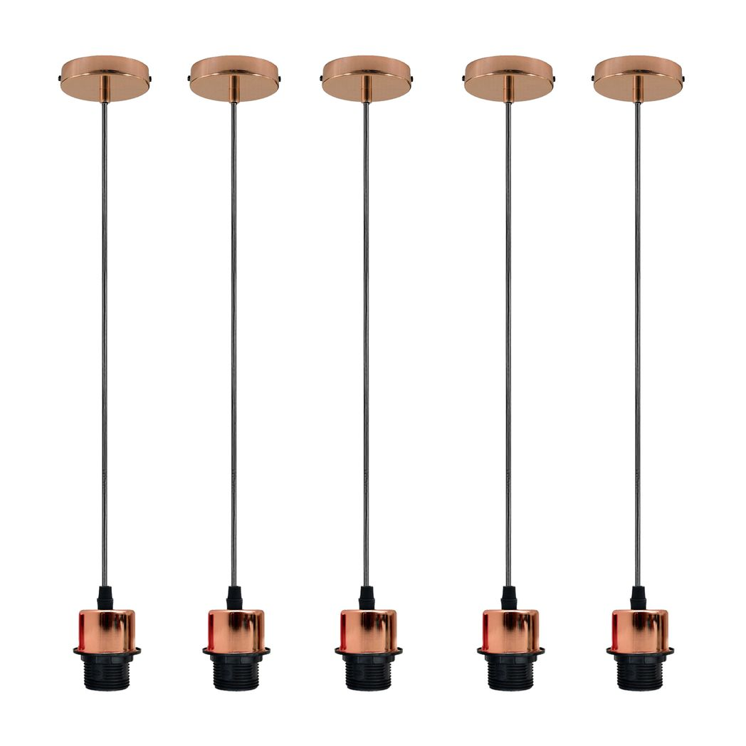 5 Pack Industrial Rose Gold Pendant Light Holders with 95cm Cable – E27 Vintage Ceiling Fittings