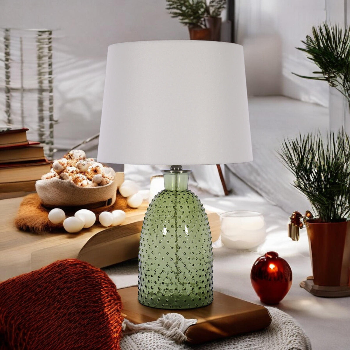 AcaciaHome Cream Ceramic Table Lamp with Drum Shade – Durable Striped Design, Handmade Shade