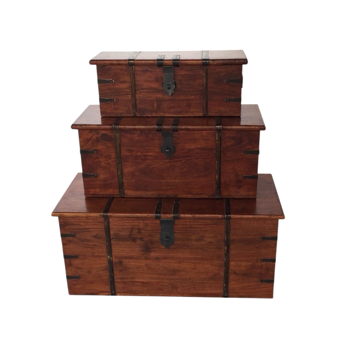 Rustic Solid Acacia Wooden Storage Chests, Set of 3 – Vintage Handles, Blanket Box or Coffee Table, Deep Brown