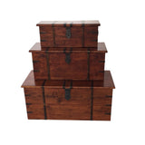 Rustic Solid Acacia Wooden Storage Chests, Set of 3 – Vintage Handles, Blanket Box or Coffee Table, Deep Brown